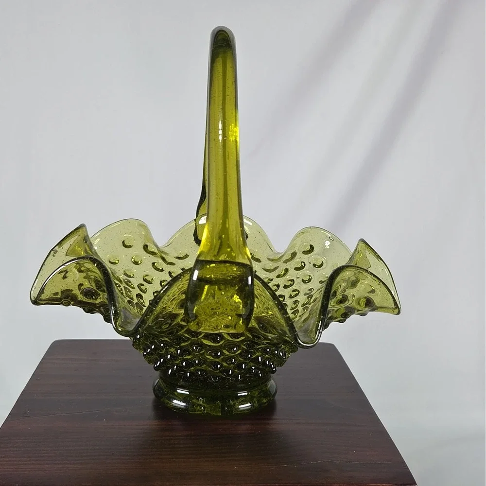 Vintage Fenton Hobnail Ruffle Glass Basket Green